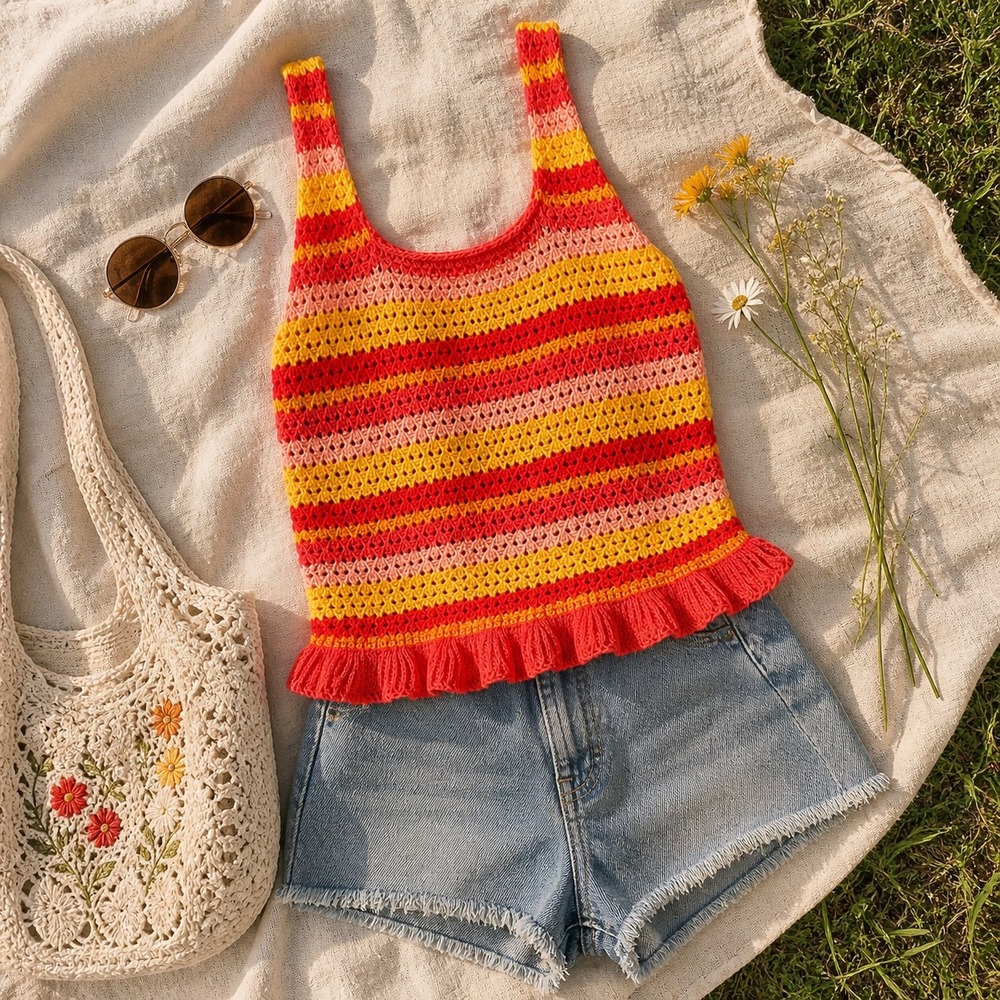 Lush Crochet Stripe Crop Tank Ruffle Hem Sunset Orange Yellow‎ Pink L Festival